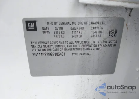 2016 Chevrolet Impala 2Lt from USA, damaged, VIN 2G1115S38G9105481